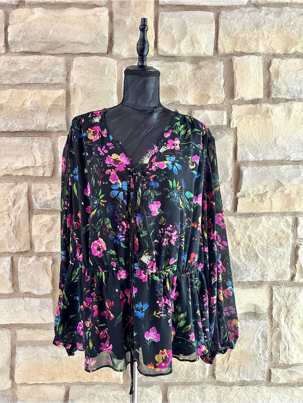 Nicole Miller Black Floral V-Neck Blouse with Pink & Blue Blooms
